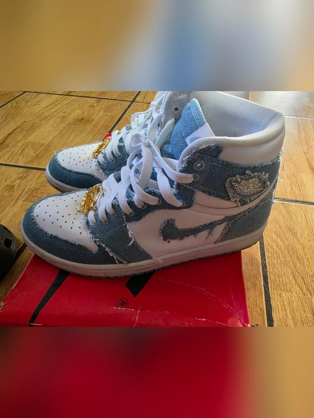 Jordan Retro High Top Sneakers White and Light Blue Denim Size 9 Women's
